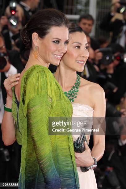 Actresses Evangeline Lilly and Michelle Yeoh attend the 'You Will Meet A Tall Dark Stranger' Premiere held at the Palais des Festivals during the...