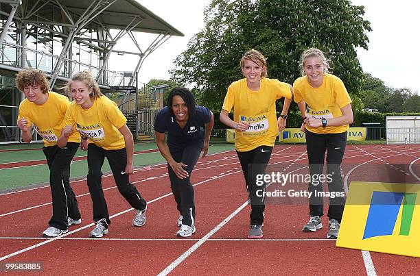 Jonathan Hay, Georgia Peel, Kelly Holmes, Emilia Gorecka and Ruth Haynes pose during the Aviva sponsored mentoring day at Loughborough College on May...