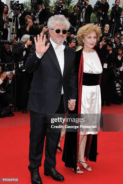 Director Pedro Almodovar and actress Marisa Paredes attend the 'You Will Meet A Tall Dark Stranger' Premiere held at the Palais des Festivals during...