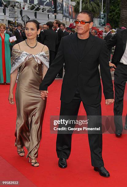 Actors Jean Claude Van Damme and Gladys Portugues attend the 'You Will Meet A Tall Dark Stranger' Premiere held at the Palais des Festivals during...