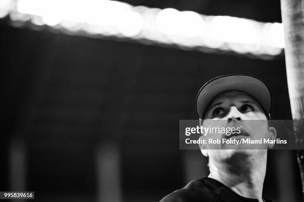 Martin Prado of the Miami Marlins looks on before the game against the Milwaukee Brewers at Marlins Park on July 10, 2018 in Miami, Florida.