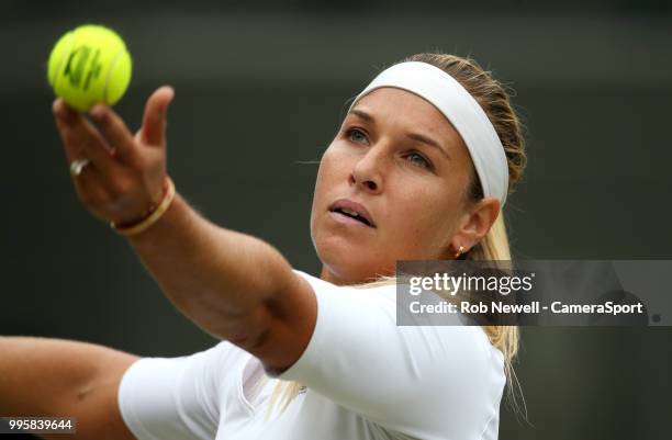 Dominika Cibulkova during her defeat by Jelena Ostapenko in their Ladies' Quarter Final match at All England Lawn Tennis and Croquet Club on July 10,...