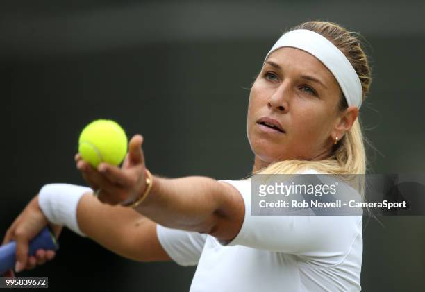Dominika Cibulkova during her defeat by Jelena Ostapenko in their Ladies' Quarter Final match at All England Lawn Tennis and Croquet Club on July 10,...