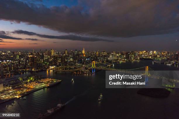 aerial view of tokyo downtown at night with rainbow bridge - masaki stock pictures, royalty-free photos & images