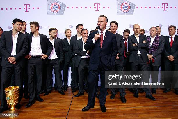 Karl-Heinz Rummenigge talks to the fans during the Bayern Muenchen Champions Party after the DFB Cup Final match against Werder Bremen at the...