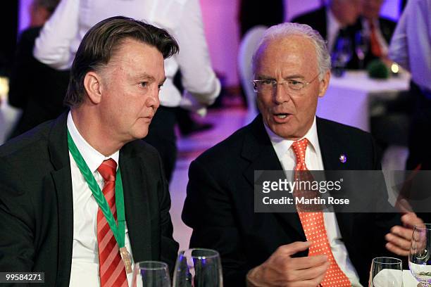 Head coach Louis van Gaal and former president Franz Beckenbauer talks to each other the Bayern Muenchen Champions Party after the DFB Cup Final...