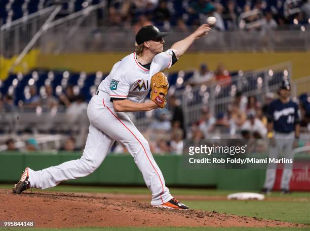 Adam Conley of the Miami Marlins pitches during the game against the Milwaukee Brewers at Marlins Park on July 10, 2018 in Miami, Florida.