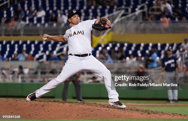 Javy Guerra of the Miami Marlins pitches during the game against the Milwaukee Brewers at Marlins Park on July 10, 2018 in Miami, Florida.