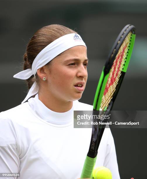 Jelena Ostapenko during her victory against Dominika Cibulkova in their Ladies' Quarter Final match at All England Lawn Tennis and Croquet Club on...