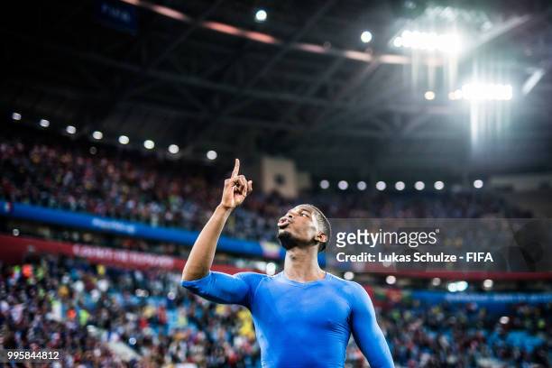Paul Pogba of France celebrates after the 2018 FIFA World Cup Russia Semi Final match between Belgium and France at Saint Petersburg Stadium on July...