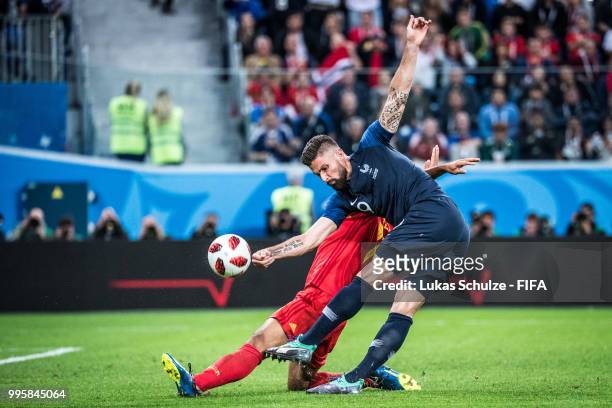 Olivier Giroud of France in action during the 2018 FIFA World Cup Russia Semi Final match between Belgium and France at Saint Petersburg Stadium on...