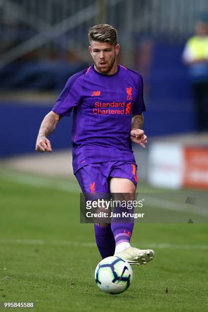 Alberto Moreno of Liverpool in action during the Pre-Season Friendly match between Tranmere Rovers and Liverpool at Prenton Park on July 11, 2018 in...