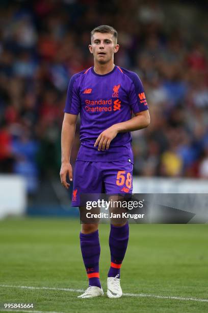 Ben Woodburn of Liverpool looks on during the Pre-Season Friendly match between Tranmere Rovers and Liverpool at Prenton Park on July 11, 2018 in...