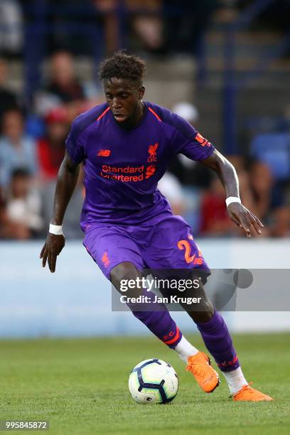 Divock Origi of Liverpool in action during the Pre-Season Friendly match between Tranmere Rovers and Liverpool at Prenton Park on July 11, 2018 in...