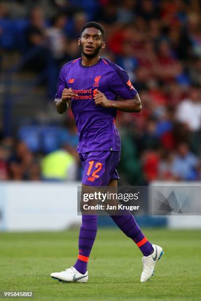 Joe Gomez of Liverpool in action during the Pre-Season Friendly match between Tranmere Rovers and Liverpool at Prenton Park on July 11, 2018 in...