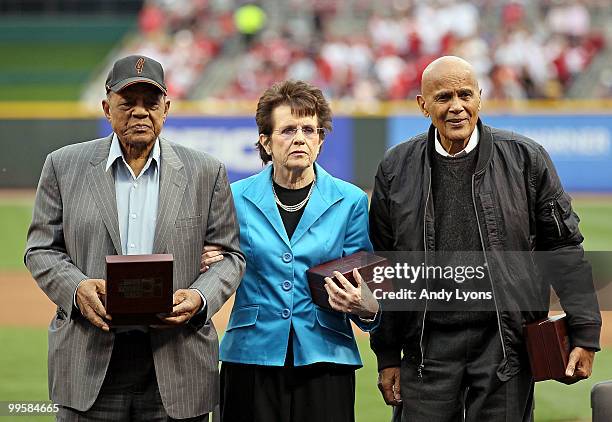 Willie Mays, Billie Jean King and Harry Belafonte are pictured after being presented with their Beacon Awards before the Gillette Civil Rights Game...