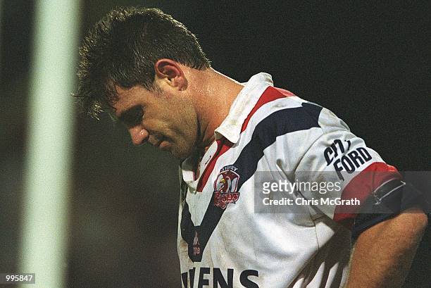 Brad Fittler of the Roosters reflects during the NRL round 20 match betwen the Penrith Panthers and the Sydney Roosters held at Penrith Stadium,...