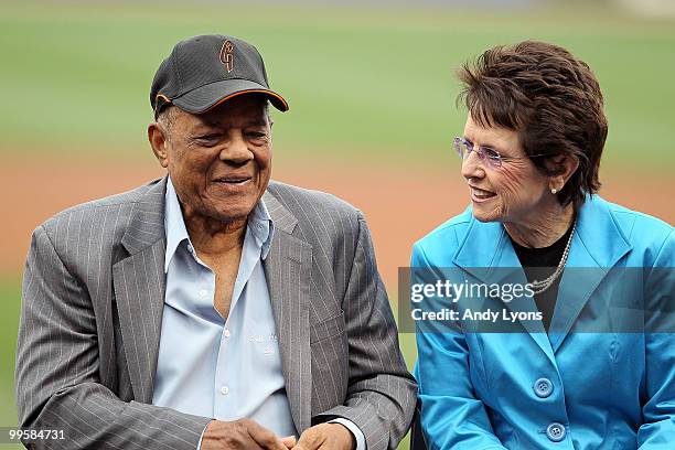 Willie Mays and Billie Jean King are pictured before being presented with their Beacon Awards before the Gillette Civil Rights Game between the...