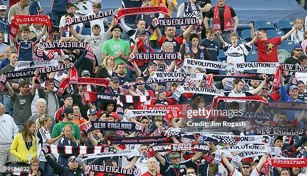 Fans of the New England Revolution show their support during a game against the San Jose Earthquakesat Gillette Stadium on May 15, 2010 in Foxboro,...