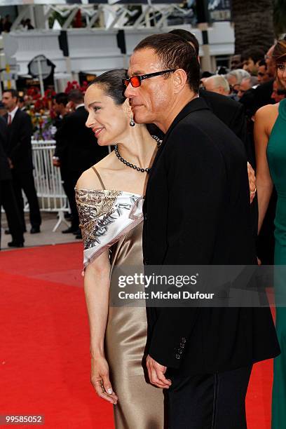 Gladys Portugues and Jean Claude Van Damme attend the 'You Will Meet A Tall Dark Stranger' premiere at the Palais des Festivals during the 63rd...