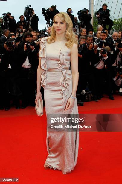 Lucy Punch attends the 'You Will Meet A Tall Dark Stranger' premiere at the Palais des Festivals during the 63rd Annual Cannes Film Festival on May...