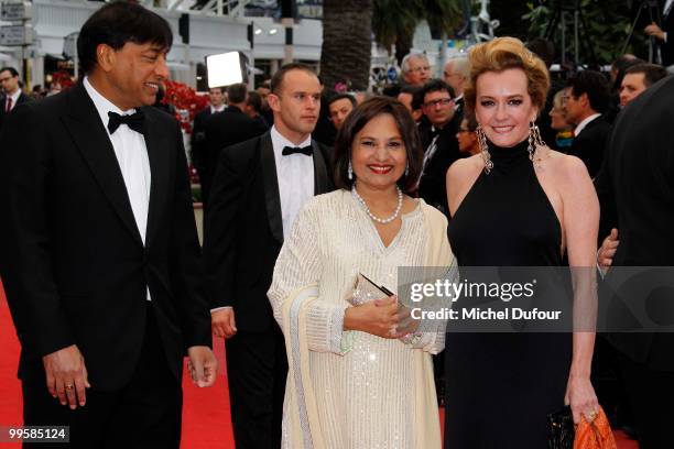 Lakshmi Mittal, Usha Mittal and Caroline Gruosi Scheufele attend the 'You Will Meet A Tall Dark Stranger' premiere at the Palais des Festivals during...