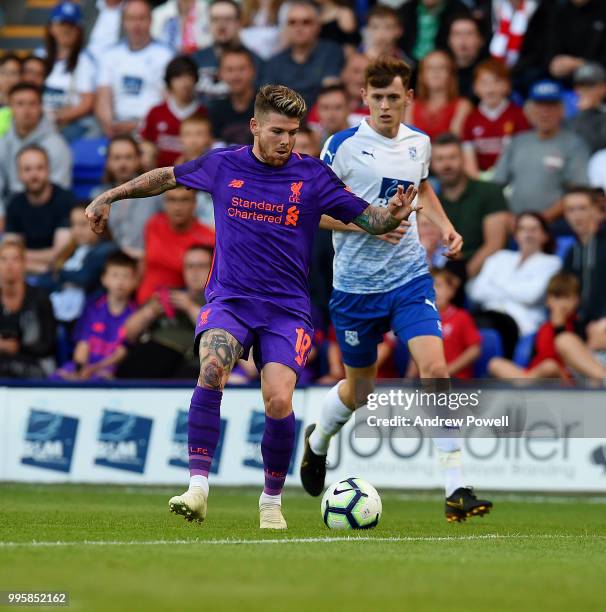 Alberto Moreno of Tranmere Rovers during the pre-season friendly match between Tranmere Rovers and Liverpool at Prenton Park on July 10, 2018 in...