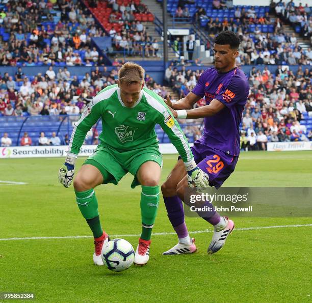 Dominic Solanke of Liverpool comes close during the pre-season friendly match between Tranmere Rovers and Liverpool at Prenton Park on July 10, 2018...