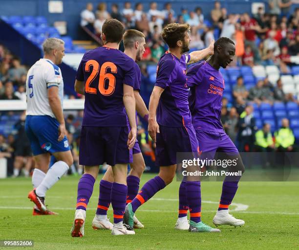 Adam Lallana of Liverpool celebrates after scoring a goal during the pre-season friendly match between Tranmere Rovers and Liverpool at Prenton Park...