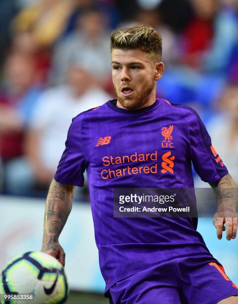 Alberto Moreno of Liverpool during the pre-season friendly match between Tranmere Rovers and Liverpool at Prenton Park on July 10, 2018 in...