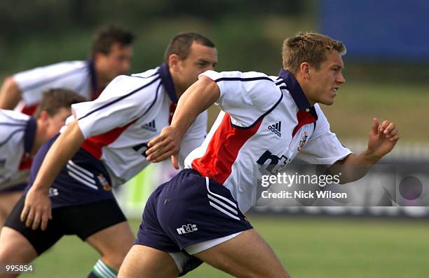 Jonny Wilkinson of the British Lions in action during training today at the Brisbane Grammer School ahead of their game tomorrow night against the...