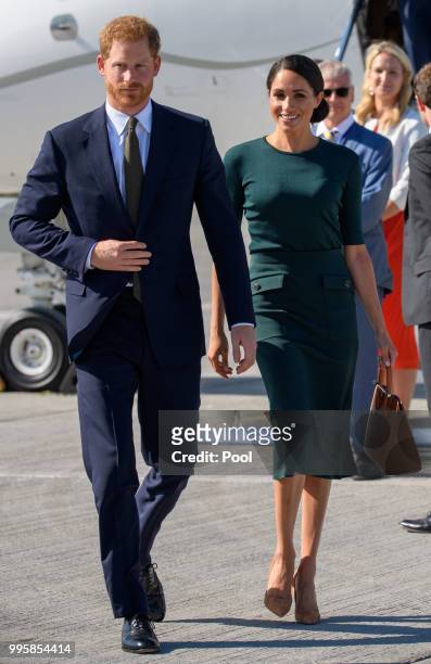 Prince Harry, Duke of Sussex and Meghan, Duchess of Sussex arrive at Dublin airport during their visit to Ireland on July 10, 2018 in Dublin, Ireland.