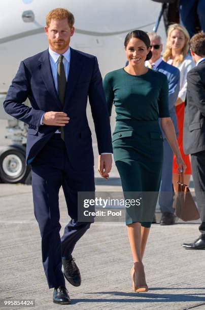 Prince Harry, Duke of Sussex and Meghan, Duchess of Sussex arrive at Dublin airport during their visit to Ireland on July 10, 2018 in Dublin, Ireland.