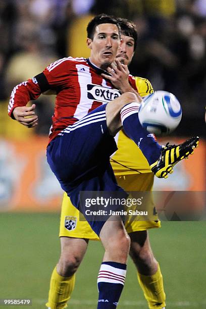 Sacha Kljestan of Chivas USA gets control of the ball in front of Danny O'Rourke of the Columbus Crew on May 15, 2010 at Crew Stadium in Columbus,...