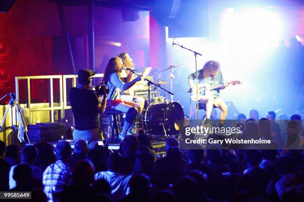 Ami Shalev, Yonatan Gat and Haggai Fershtman of Monotonix perform on stage during day two of Pavement Curated All Tomorrow's Parties Festival at...