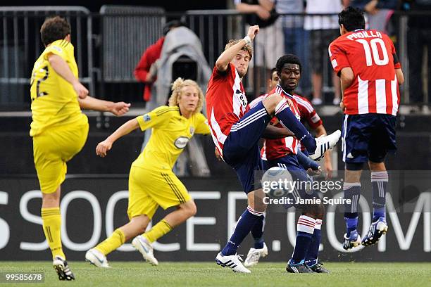 Blair Gavin, Michael Lahoud and Jesus Padilla, all of Chivas USA, block a free kick by Adam Moffat of the Columbus Crew May 15, 2010 at Crew Stadium...