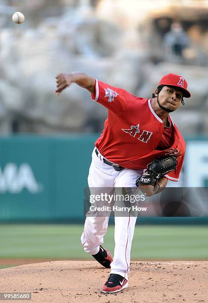 Ervin Santana of the Los Angeles Angels pitches against the Oakland Athletics during the first inning at Angels Stadium on May 15, 2010 in Anaheim,...