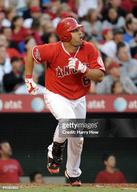 Kendry Morales of the Los Angeles Angels watches his three run homerun for a 3-2 lead over the Oakland Athletics during the fourth inning at Angels...