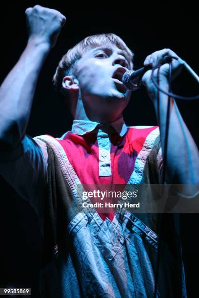 Jonathan Pierce of The Drums performs on stage at Hammersmith Apollo, London on May 15, 2010 in Southampton, England.