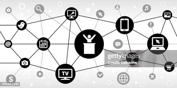 man on pdium internet communication technology triangular node pattern background - software platform stock illustrations