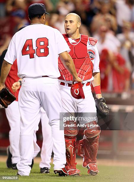 Ramon Hernandez of the Cincinnati Reds and Francisco Cordero celebrate after Hernandez tagged out Skip Schumaker of the St. Louis Cardinals to end...