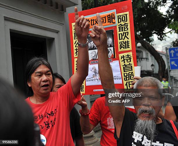 Resigned pro-democracy lawmaker "Long Hair" Leung Kwok-hung of the League of Social Democrats, the radical faction in the pro-democracy camp, shouts...