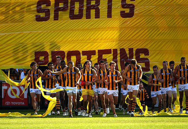 Hawthorn players run through the banner at the start of the round eight AFL match between the Richmond Tigers and the Hawthorn Hawks at Melbourne...