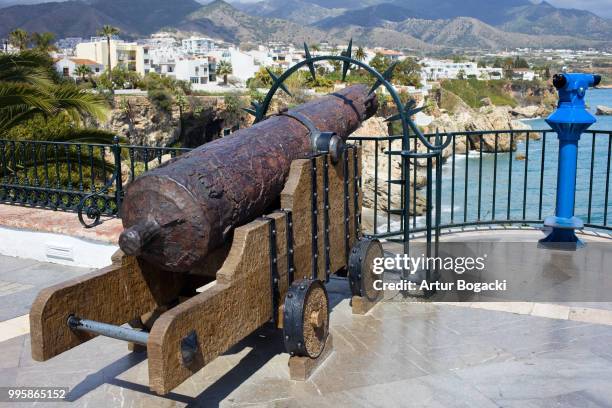 medieval cannon at the balcon de europa - balcon stock pictures, royalty-free photos & images