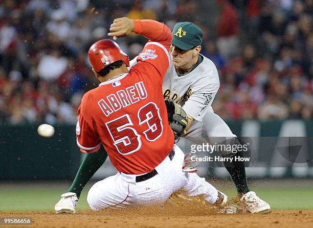 Adam Rosales of the Oakland Athletics misses the throw from Landon Powell allowing Bobby Abreu to steal second base and Howie Kendrick of the Los...
