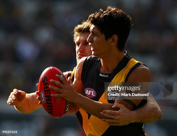 Campbell Brown of the Hawks wraps up Robin Nahas of the Tigers during the round eight AFL match between the Richmond Tigers and the Hawthorn Hawks at...