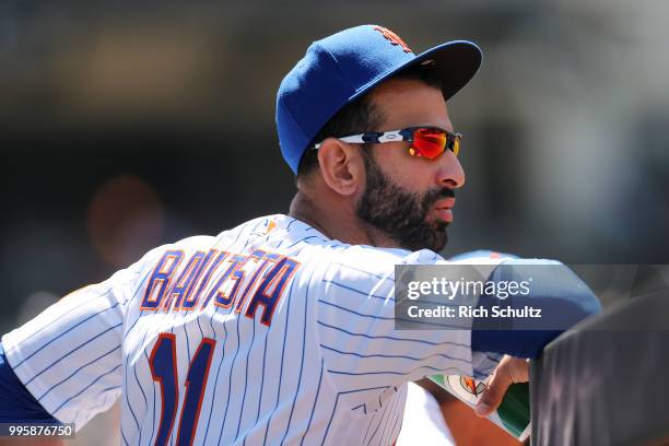 Jose Bautista of the New York Mets in action against the Tampa Bay Rays during a game at Citi Field on July 8, 2018 in the Flushing neighborhood of...