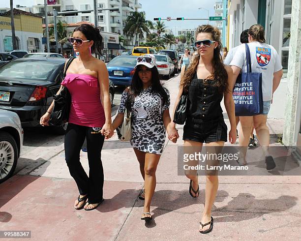 Jenni "J Wow" Farley, Nicole "Snooki" Polizzi and her friend Ryder are sighted on May 15, 2010 in Miami Beach, Florida.