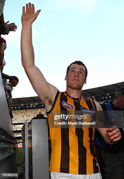 Jarryd Roughead of the Hawks thanks fans after the clubs win in the round eight AFL match between the Richmond Tigers and the Hawthorn Hawks at...