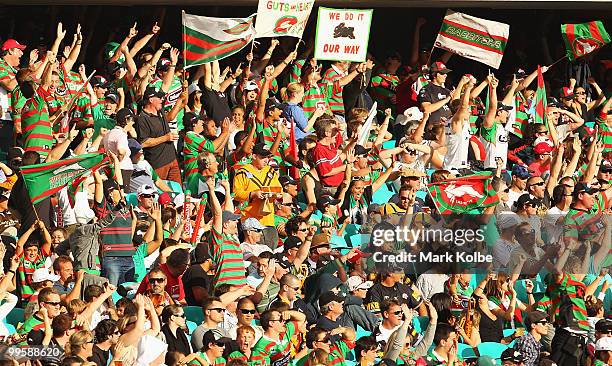 The crowd celebrate after a Rabbitohs try during the round ten NRL match between the Wests Tigers and the South Sydney Rabbitohs at Sydney Cricket...